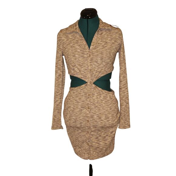 Pretty Garbage Cutout Button Front Collared Mini Dress Beige Brown Women’s Small - Picture 3 of 5